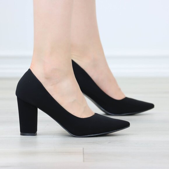 Classic Block High Heel Slip On Pointed Toe Pumps Black Nubuck - Picture 4 of 12